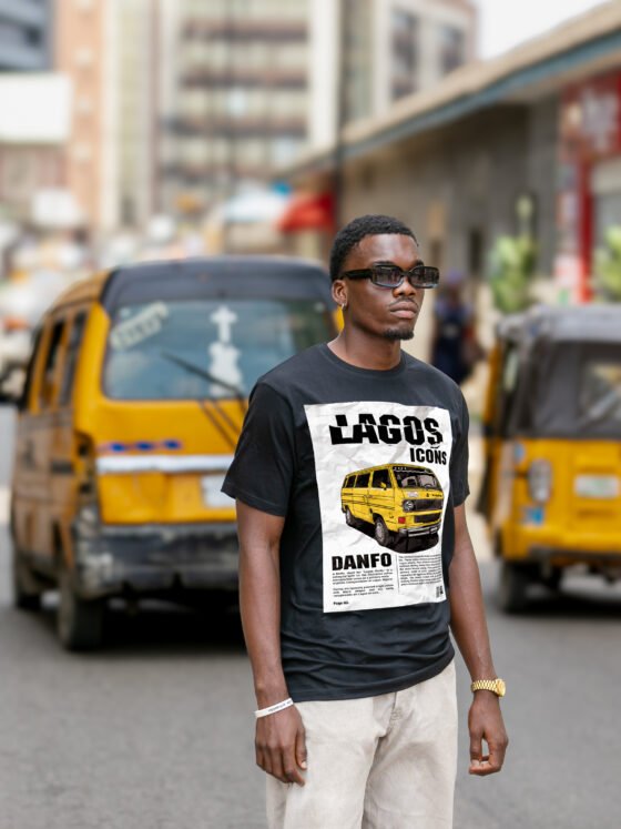 A model wearing Lagos Icons Danfo shirt by Lagos Prints