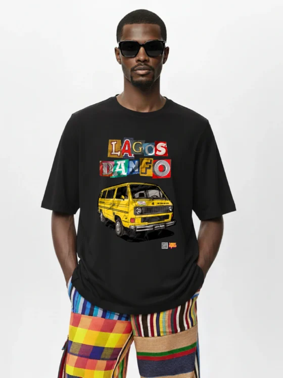 Model wearing Lagos Danfo T-shirt and Adire Cargo pants