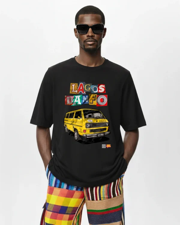 Model wearing Lagos Danfo T-shirt and Adire Cargo pants