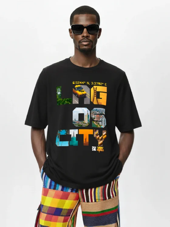 Model wearing Lagos City T-shirt and Adire Cargo pants