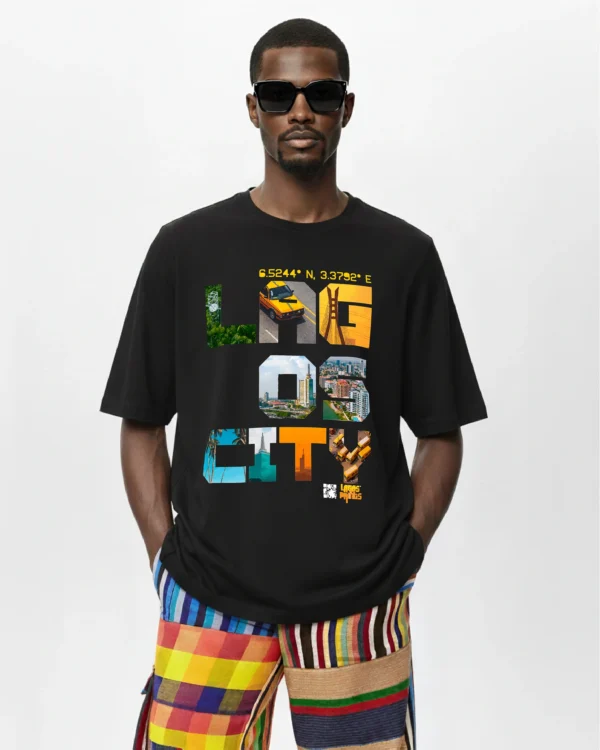 Model wearing Lagos City T-shirt and Adire Cargo pants